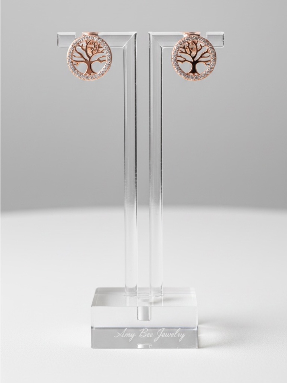 Rose Gold Plated Tree of Life Stud Earrings with CZ Halo. New.